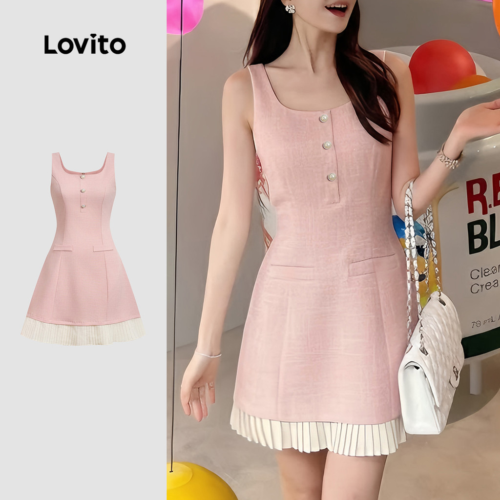 Lovito ชุดเดรสหรูหราสำหรับงานแต่งงาน งานทางการ ชุดเพื่อนเจ้าสาว ดีไซน์กระเป๋าตกแต่ง (แบบเย็บติด) ด้านหน้า กระดุมตกแต่ง สวยงามประณีต สำหรับฤดูใบไม้ผลิ/ฤดูร้อน สีชมพู สำหรับผู้หญิง L171ED458