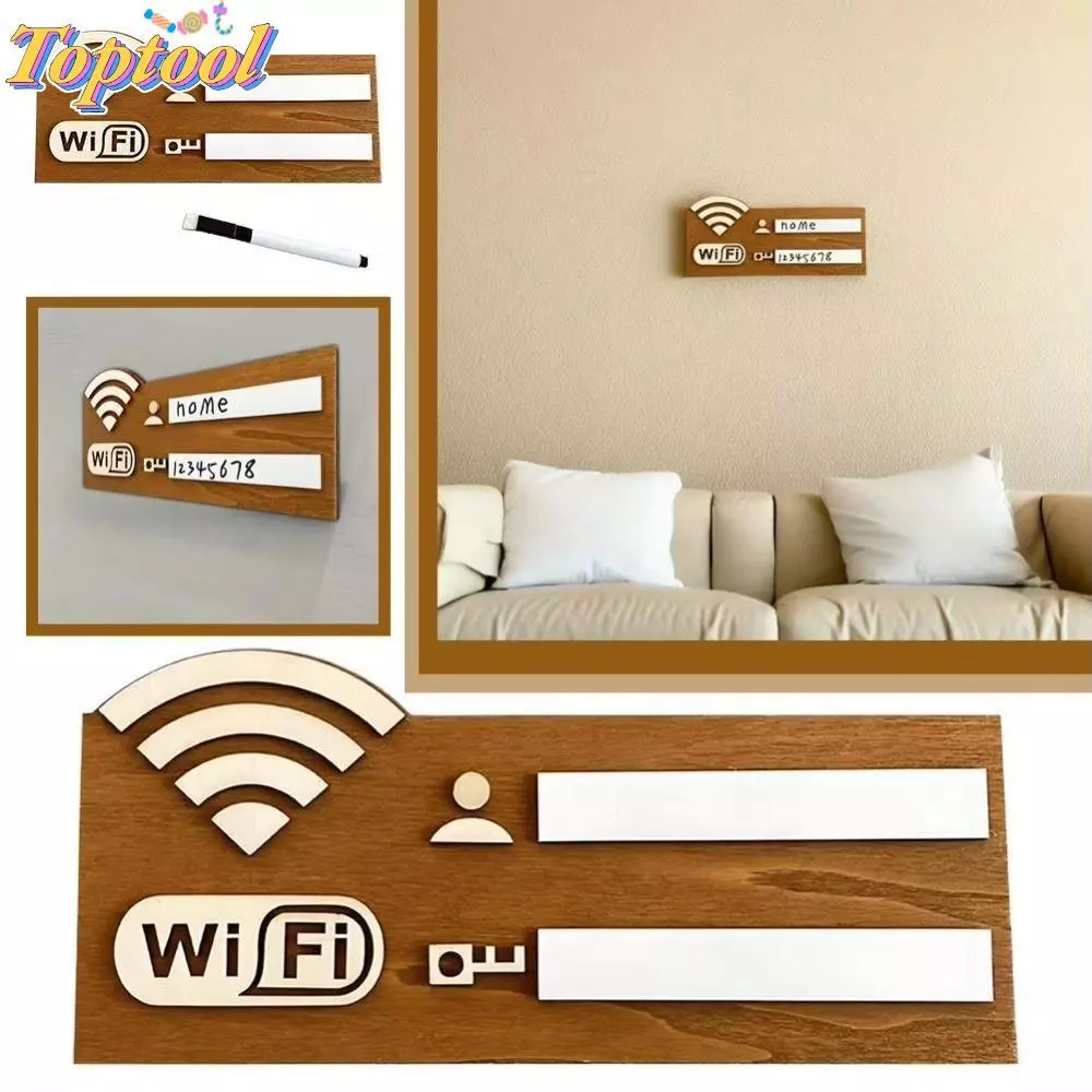 TOPTOOL ป้ายรหัสผ่าน WiFi,ลายมือเขียนสติ๊กเกอร์ติดผนัง WiFi,วินเทจติดผนังไม้อเนกประสงค์ใช้ตัวบ่งชี้ไร้สายโล่ตกแต่งบ้าน
