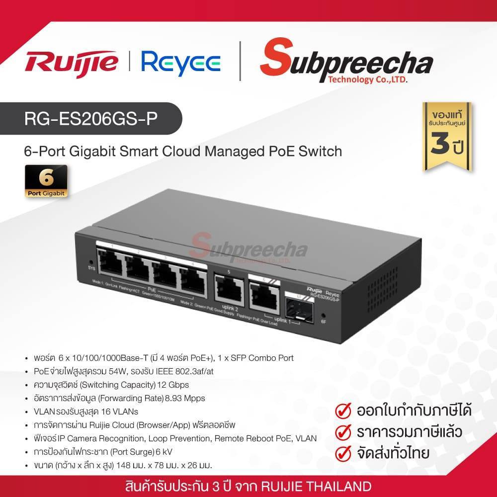RG-ES206GS-P / Ruijie-Reyee 6-Port Gigabit Smart Cloud Managed PoE Switch, 1 Combo Port