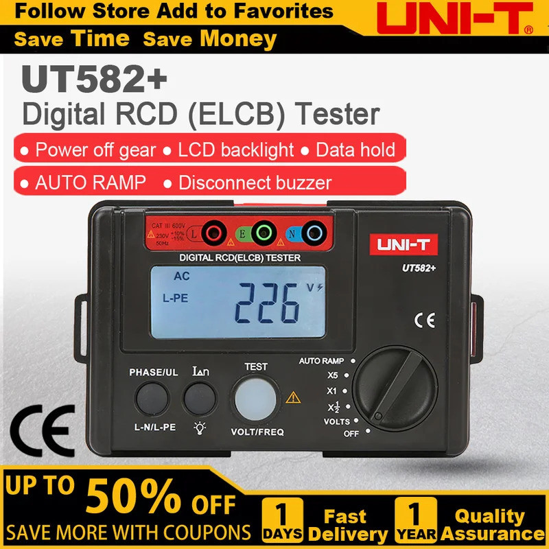 UNI-T UT582+ Digital RCD (ELCB) Tester AUTO RAMP Leakage Circuit Breaker Meter พร้อม Mis-Opration Bu