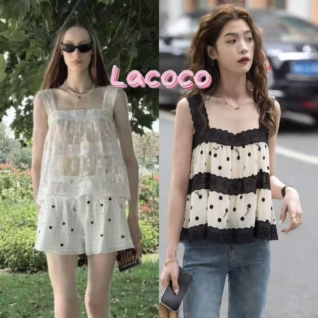 Lacoco🍓คลังสินค้าพร้อม🍓เสื้อสายเดี่ยวถักโครเชต์ลูกไม้สีขาวสไตล์ฝรั่งเศสสำหรับผู้หญิง เสื้อกั๊กแขนกุดโปร่งสำหรับฤดูร้อน