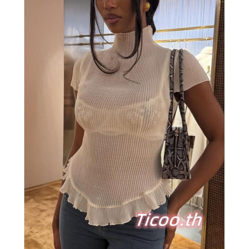 เสื้อยืดสตรีRibbedSlimFitแขนสั้นคอกลมสีทึบ