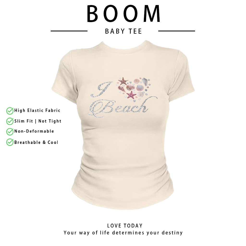 COD（จัดส่งภายใน 24 ชั่วโมง）เสื้อสาวอวบ เสื้อครอปท็อป แขนสั้น babytee สไตล์เกาหลี y2k T-shirt | i love beach