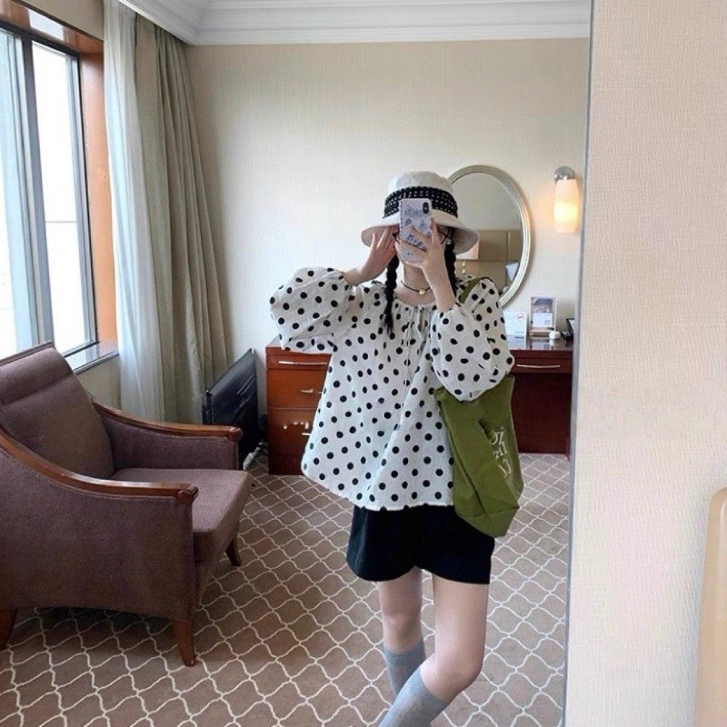 crushผู้หญิง จุดคลื่น เชือก Drawstring คอวี โคมไฟ เสื้อเชิ้ต เวอร์ชันเกาหลี ผ่อนปรน เสื้อ