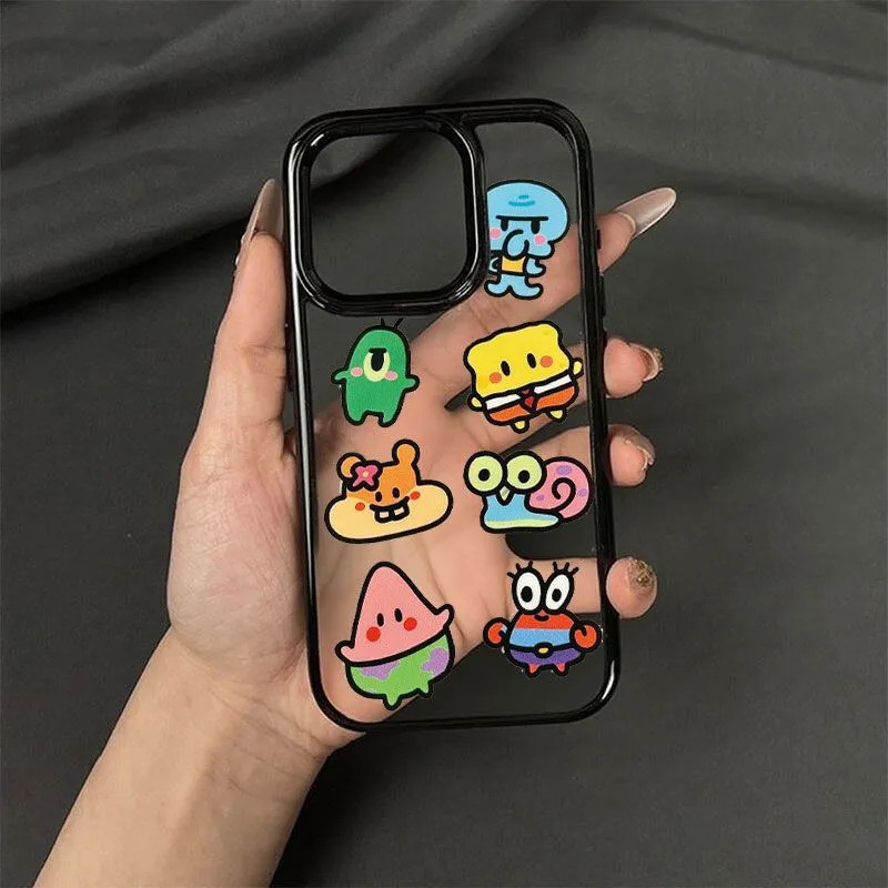 กรณีเคสโทรศัพท์กรอบสีดําโปร่งใสรุ่น Q SpongeBob SquarePants ตัวอักษรกันกระแทก iPhone 15PROMAX XS MAX