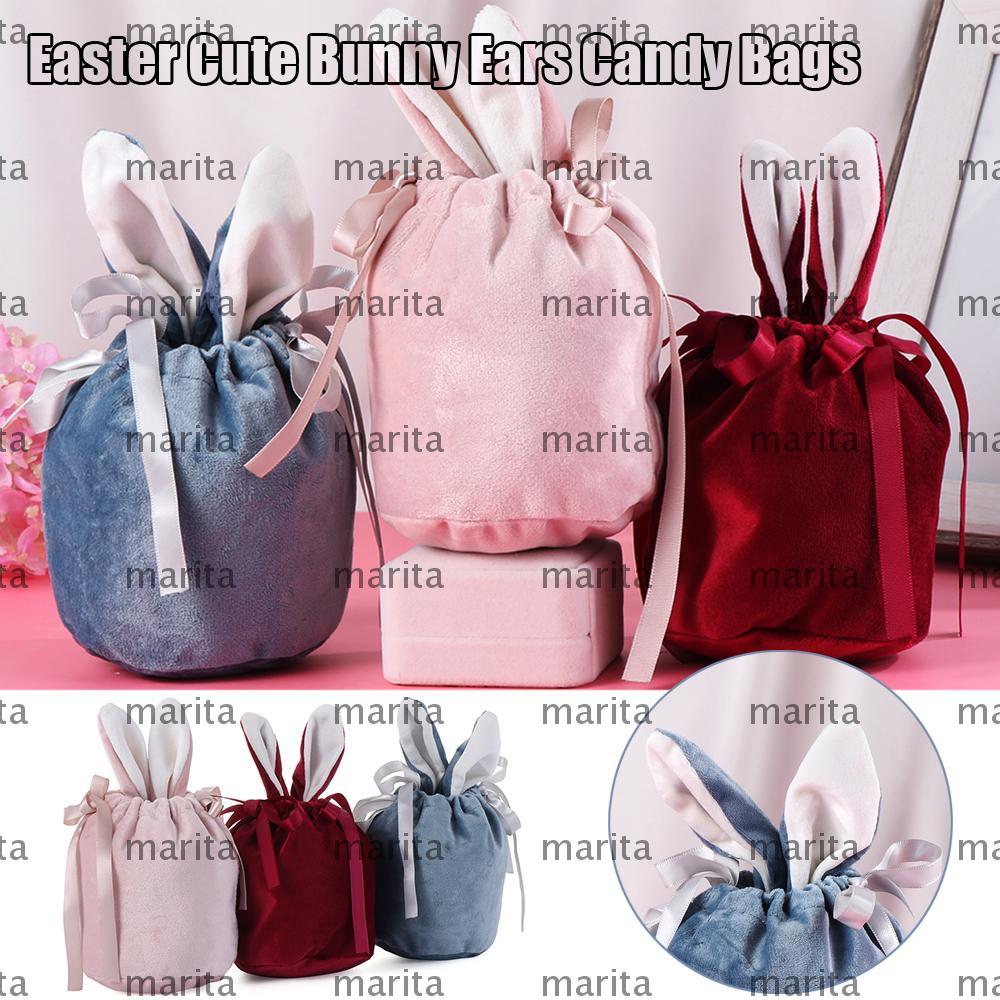 MARITA Easter Bunny Ears Candy Bags, Bunny Ears Flannelette Rabbit Ear Bag, Wedding Favor Drawstring