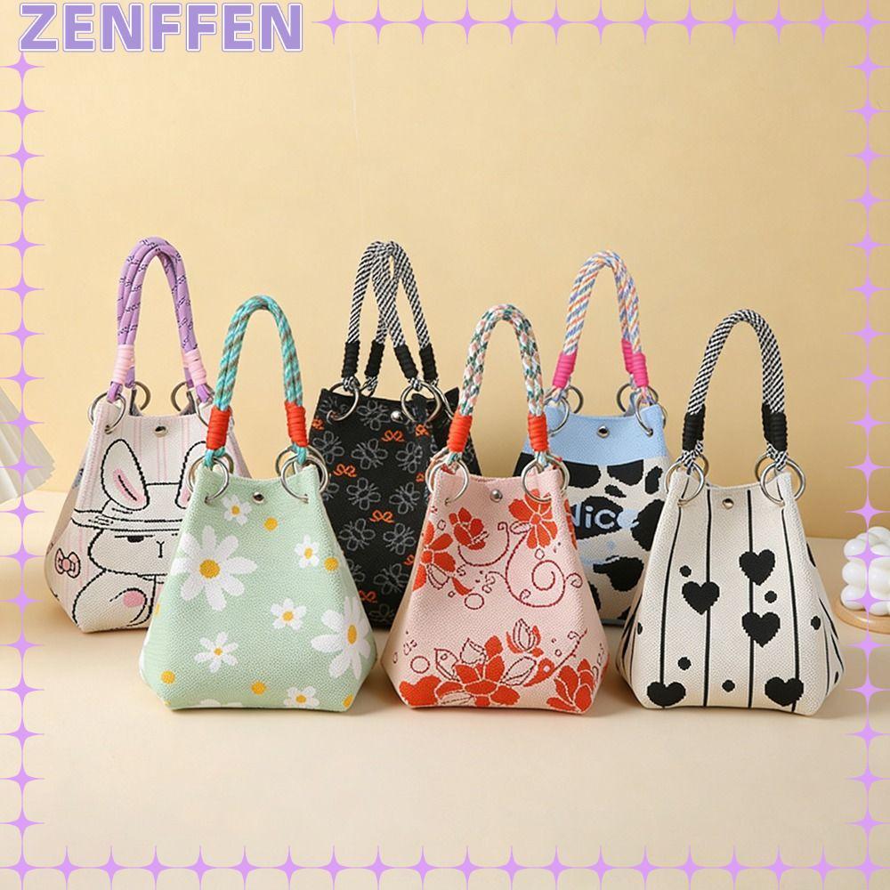 ZENFFENBC กระเป๋าถักรูปทรงถัง, กระเป๋าสะพายแบบการ์ตูน, กระเป๋าโท้ตแฮนด์เมดพร้อมเข็มขัด สำหรับผู้หญิง