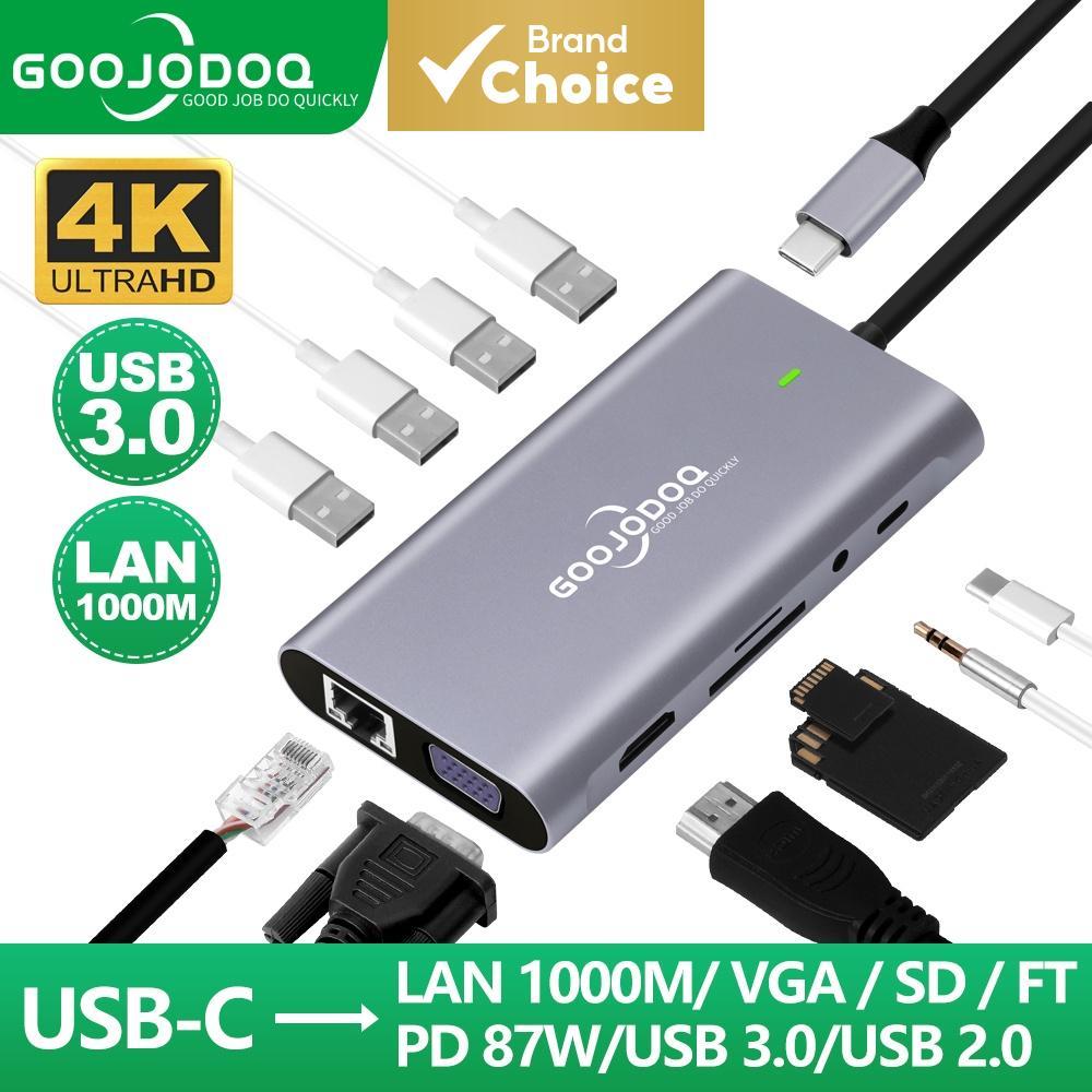 GOOJODOQ ฮับ USB-C 11 in 1 สําหรับแล็ปท็อป Dell HP MacBook Pro ด็อค Type C HDMI PD 3.0 USB RJ45 VGA PD AUX เครื่องอ่านการ์ด TF/SD