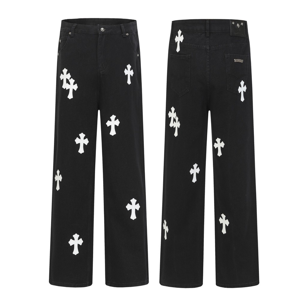 7ODO Chrome Hearts Four Seasons Cross สีดําสีขาวแพทช์หนังปักกางเกงยีนส์สไตล์คู่