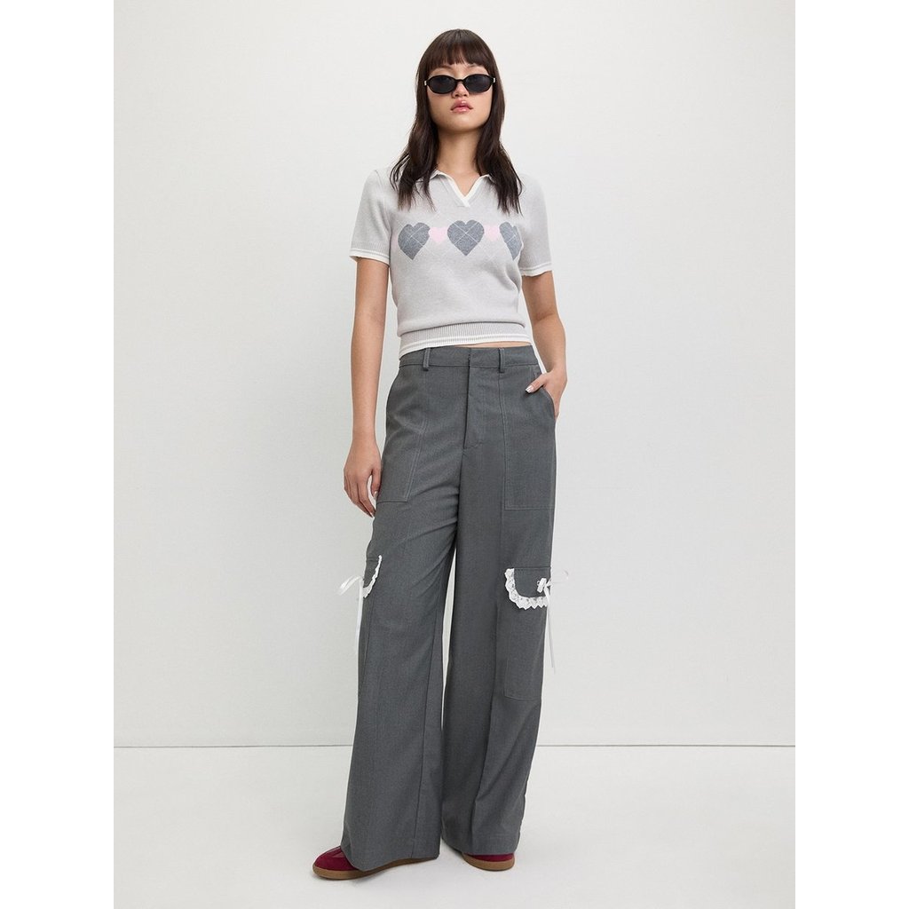 [Pomelo] เสื้อโปโลผ้าถักลายหัวใจ / Heart Polo Knit Top — صورة 2