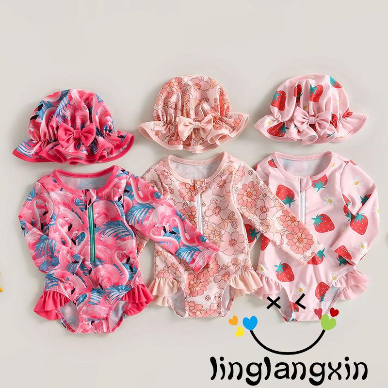 LLX-Infant ชุดว่ายน้ำแขนยาวสตรอเบอร์รี่พิมพ์สำหรับทารก มาพร้อมหมวกกันแดด