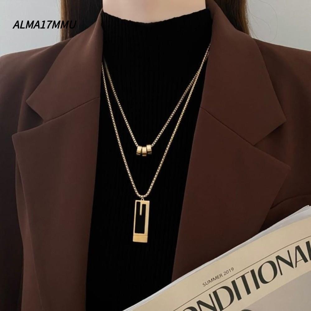 ALMA17MMU สร้อยคอจี้สี่เหลี่ยม,โลหะผสมสีทองสร้อยคอสองชั้น,ประณีตชั้นสร้อยคอวินเทจผู้หญิงเครื่องประดั