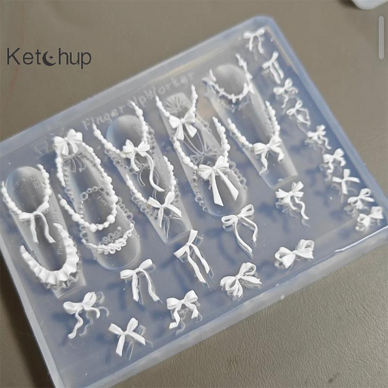 [Ktchup-t] Bowknot Bead Chain Ribbon 3D แม่พิมพ์อะคริลิคตกแต่งเล็บ DIY Design ซิลิโคนเล็บแม่พิมพ์แม่แบบสําหรับเล็บ Charms Nice