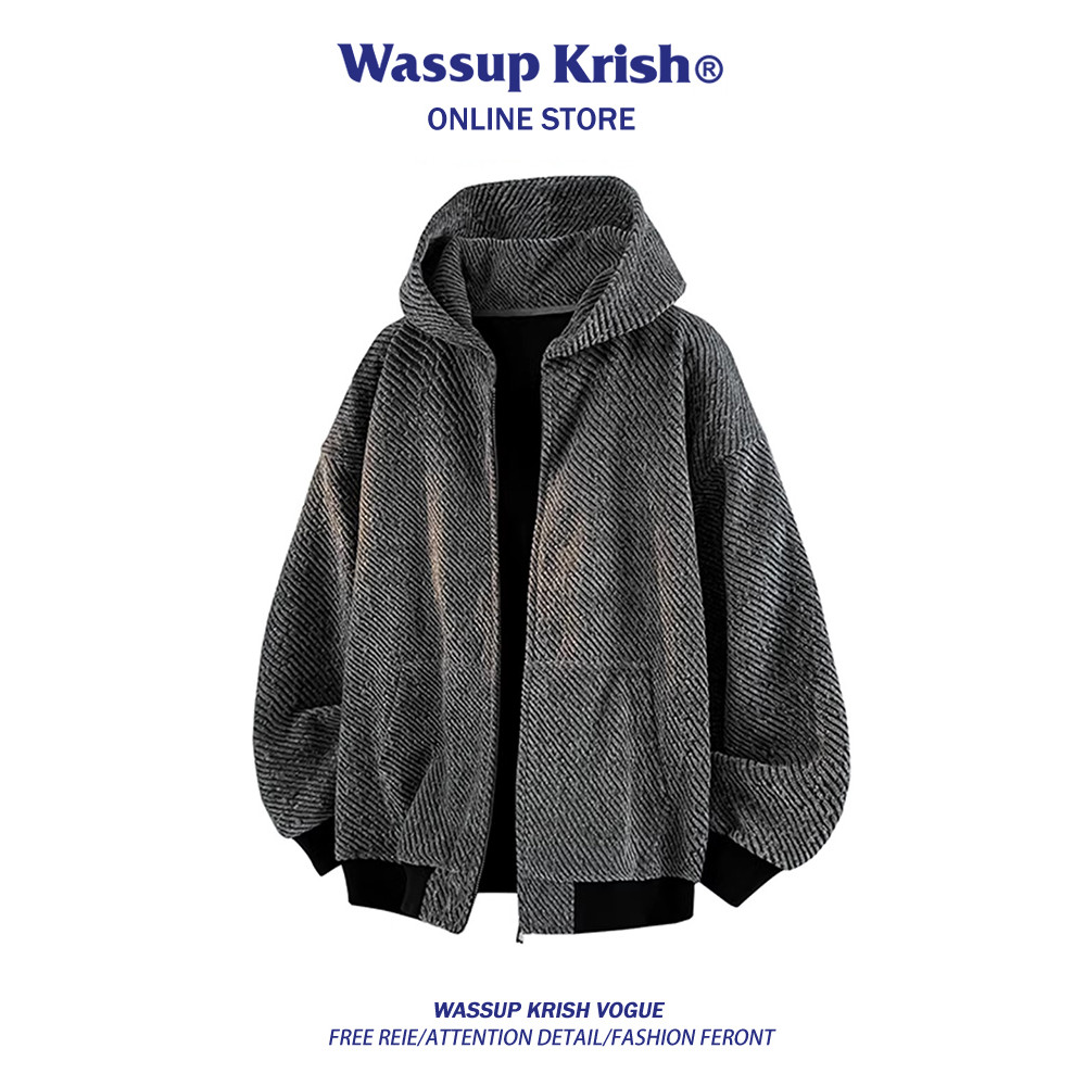 WASSUP KRISH Textured Striped Hooded เสื้อสเวตเตอร์ถักผู้ชายฤดูใบไม้ผลิ Casual Street สวมใส่ High-En
