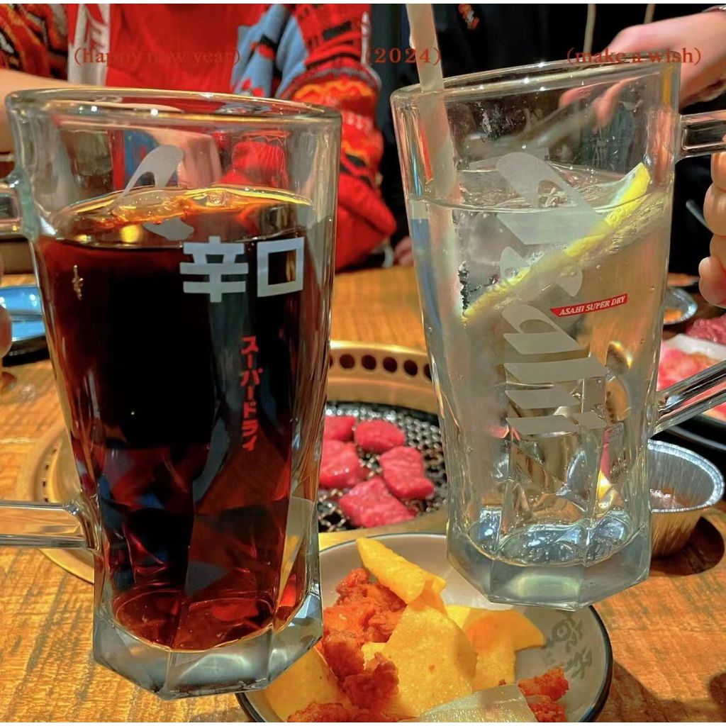 นําเข้า Asahi หนา Asahi แก้วเบียร์อาหารญี่ปุ่นเฉพาะ Asahi แก้วเบียร์พร้อมที่จับแก้วเบียร์หัตถกรรม