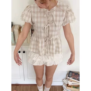 Wendé (Size M อกไม่เกิน 36-38) เสื้อผ้าฝ้ายทรงพอง ผูกโบว์หน้า ลายทาง สีหวานมากแม่! ใส่แล้วรอดทุกงาน เข้ากับทุกสไตล์(S...