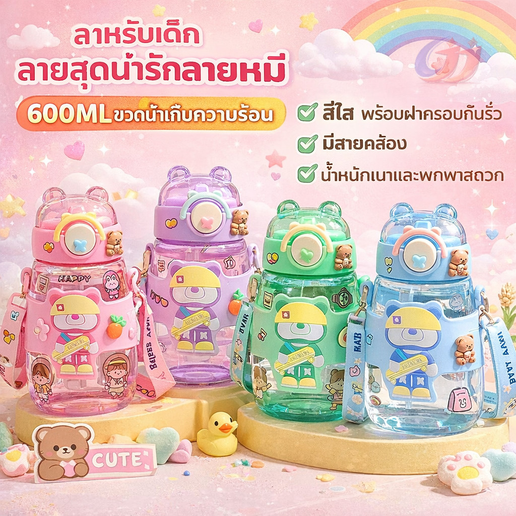 สะพายข้างได้ ขวดน้ำเด็ก600MLความจุสูง การ์ตูนสุดฮิตปลอดภัย สดใสขวดน้ำคุณภาพดี หลากหลายรูปแบบให้เลือก รูปแบบการ์ตูนน่ารัก