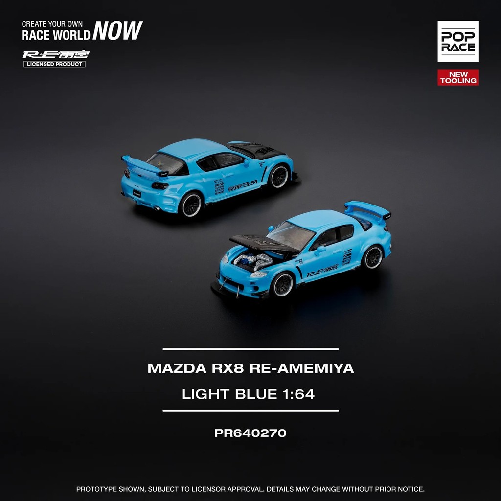 POP RACE 1:64 MAZDA RX-8 RE-AMEMIYA LIGHT BLUE (Opening Front Hood | Detailed Engine) PR640270