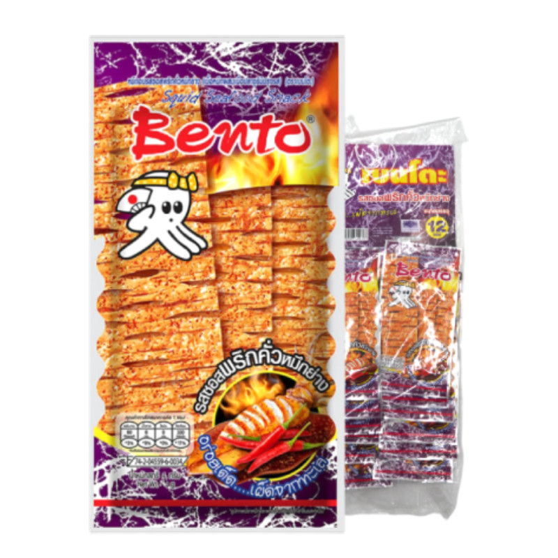 เบนโตะ ปลาหมึกอบ พริกคั่วหมึกย่าง 4 ก. x 12 (BENTO Squid Seafood Snack Spicy Grilled Squid 4 g x 12)