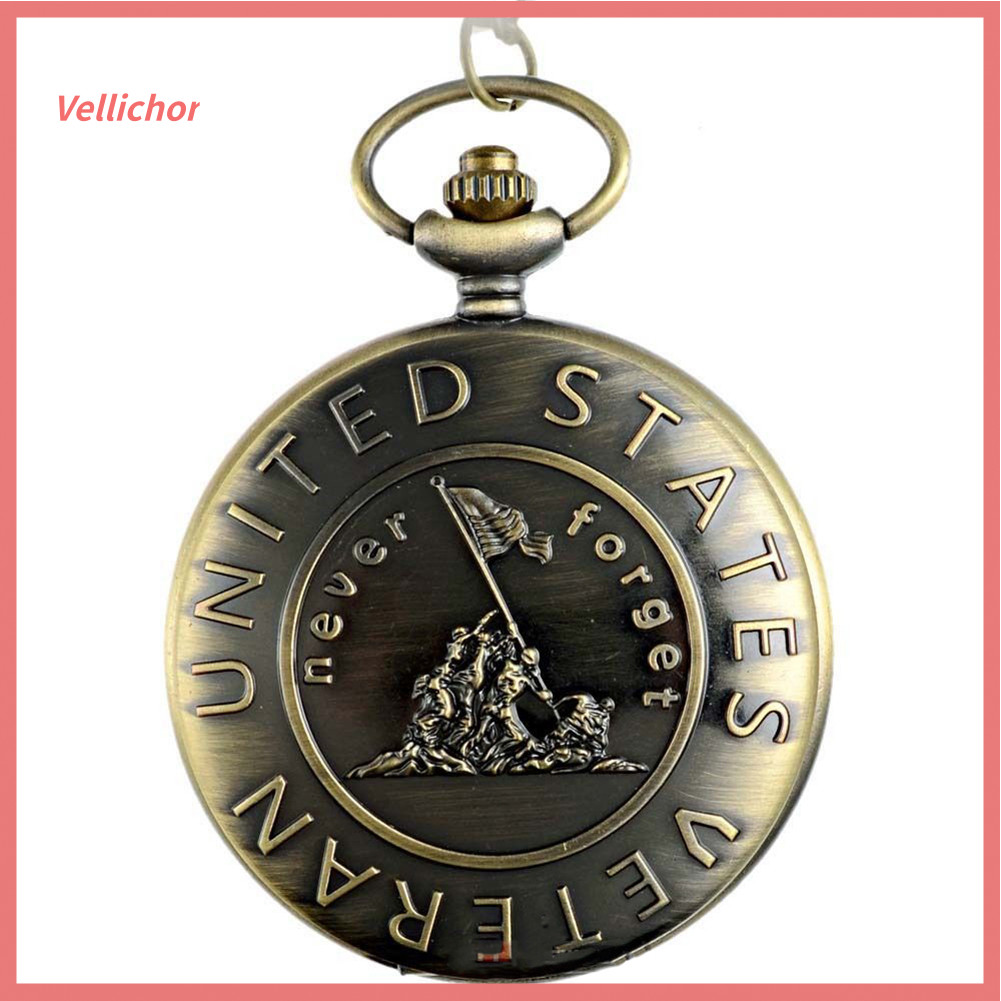 Velli Vintage US Veteran Army Bronze นาฬิกาพกควอตซ์สร้อยคอจี้โบราณ