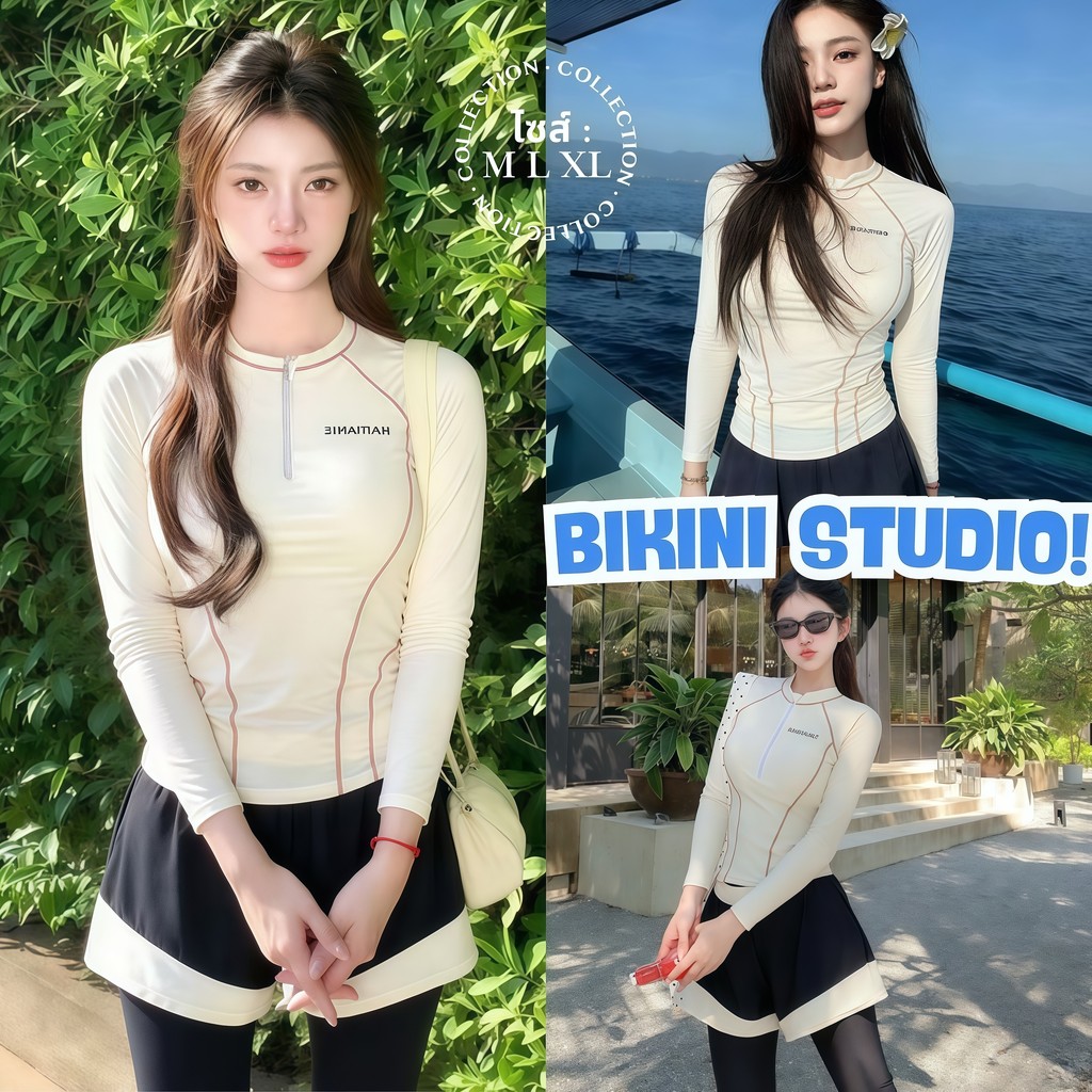 BIKINI STUDIO ชุดว่ายน้ำขาสั้นผู้หญิง ชุดเล่นน้ำเรียบร้อย ชุดว่ายน้ำสปอร์ตผู้หญิง มีไซส์ M-XL | น้ำหนัก 40-65 กก. Y602
