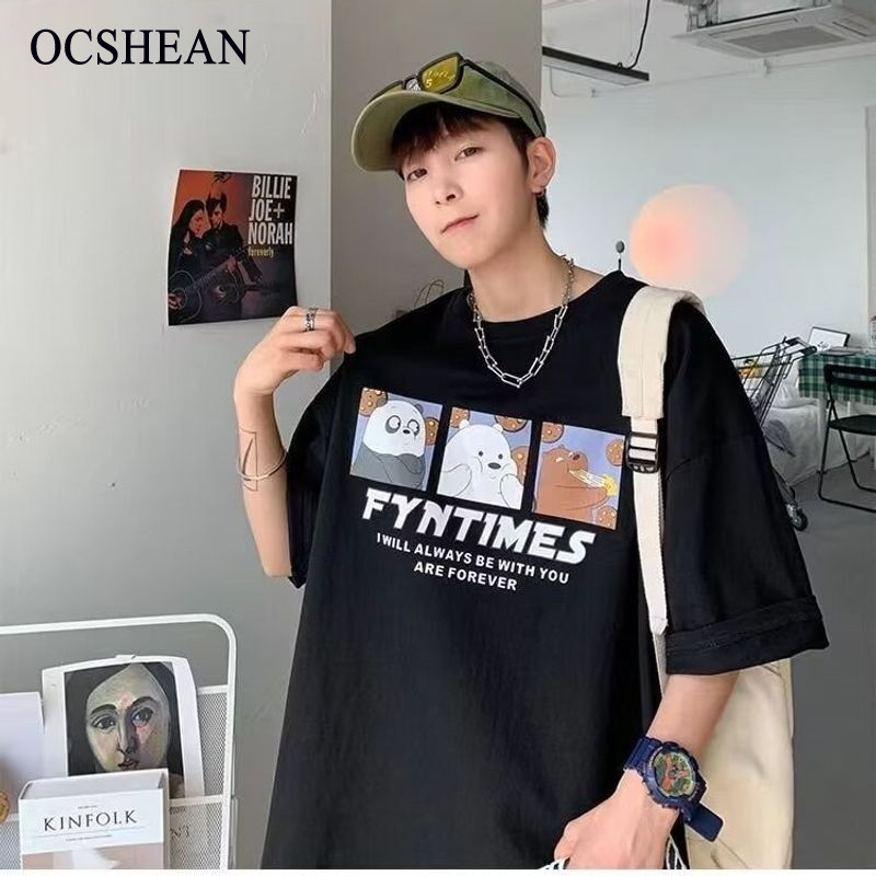 แฟชั่นOCSHEAN  เสื้อยืดแขนสั้นผู้ชายเสื้อยืดแขนสั้นทรงหลวมพิมพ์ลายการ์ตูนเสื้อยืดลำลองฤดูร้อน