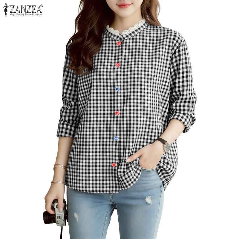 ZANZEA เสื้อลูกเรือสไตล์เกาหลีวินเทจสำหรับผู้หญิง แขนยาวแบบคล่องตัว เน้นความอ่อนโยนและดีไซน์การเชื่อมต่อเนื้อผ้าอย่างสวยงาม ในเสื้อลายครึมสก๊อต