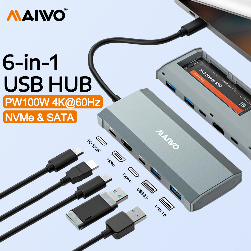 MAIWO 6 in 1 USB C HUB M.2 NVMe SATA SSD Enclosure 10Gbps 4K @ 30Hz HDMI PD 100W USB HUB