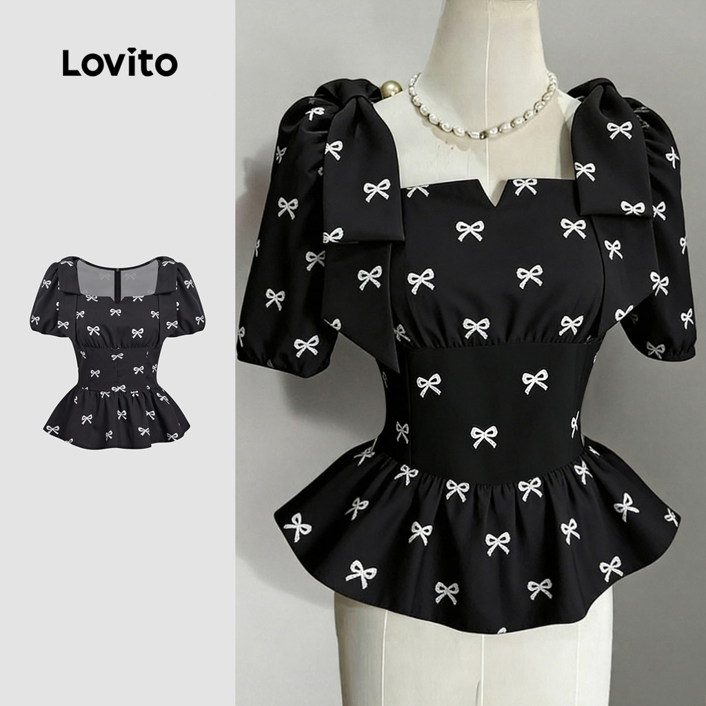 คอเหลี่ยม Notch Collar เอวแคบโบว์พิมพ์ Top-BLB184P2D851