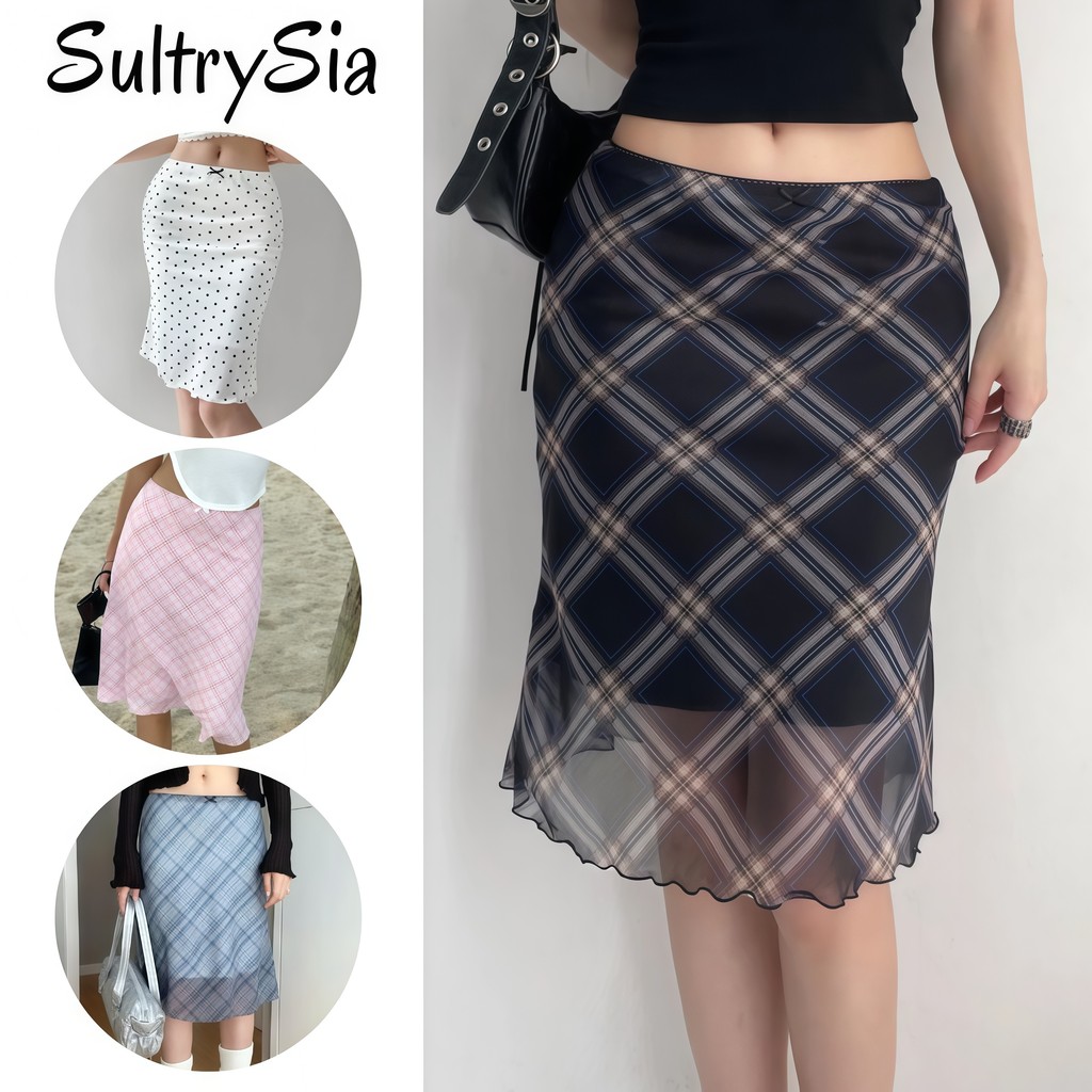 SultrySia กระโปรงลายสก๊อตแฟชั่นสตรี กระโปรงปลอกลายจุด ลายทาง ผ้าน้ําหนักเบา-FY5073#3