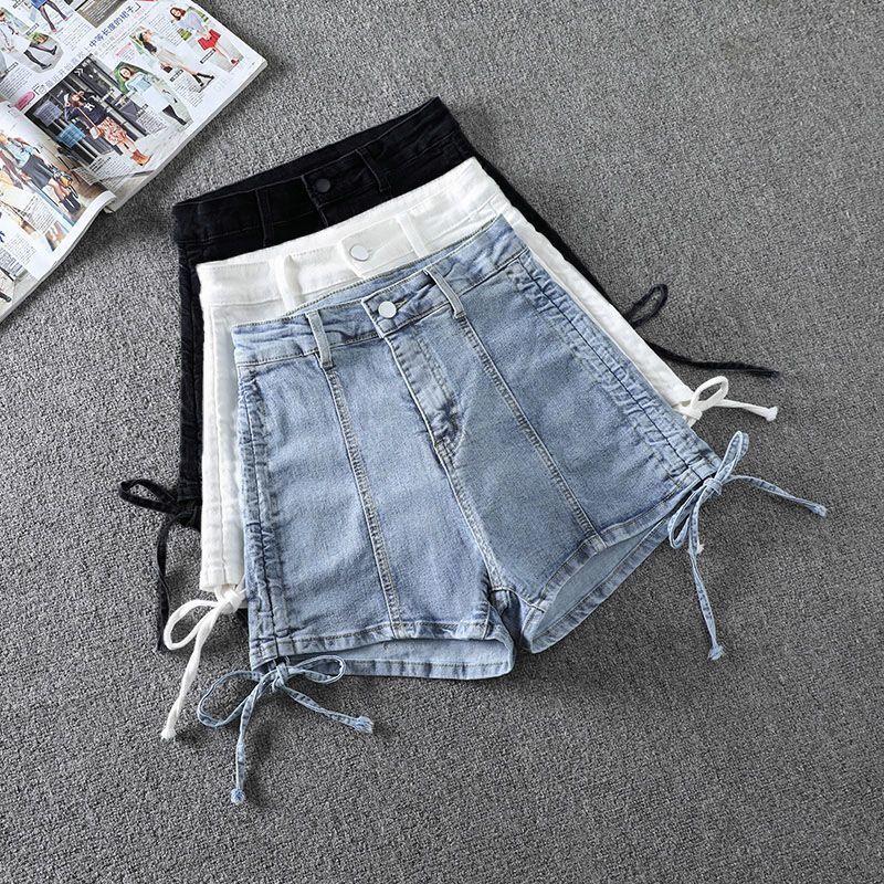 Skinny A-Line กางเกงยีนส์เอวสูง 2025 Drawstring Laced-Up กางเกงขาสั้นผู้หญิง Slimmer ดูยืดกางเกงร้อน