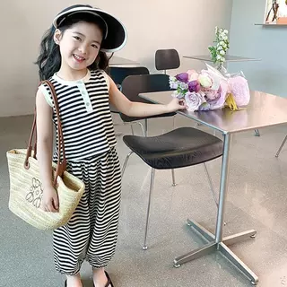 Dolemi Baby ชุดเซต เด็กหญิง แขนกุด กางเกง มี2แบบ ขายาว ขาสั้น ผ้านุ่ม ใส่สบาย ลายทาง ขาว ดำ
