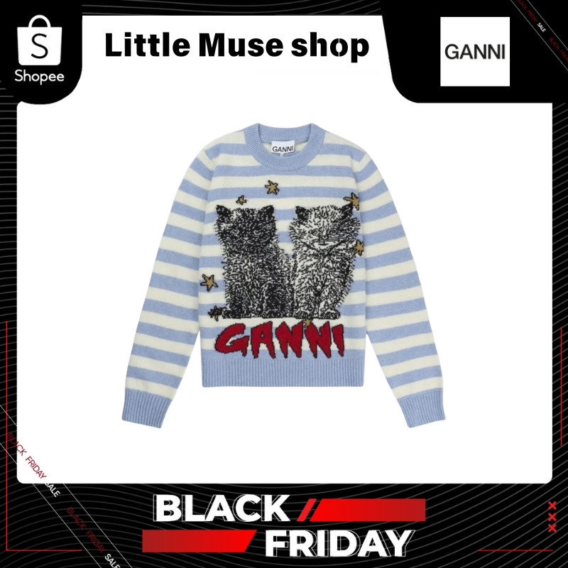 【จัดส่งทันที】Ganni Sweatshirt Striped wool-blend sweater ไหมพรมแบบลิซ่าใส่