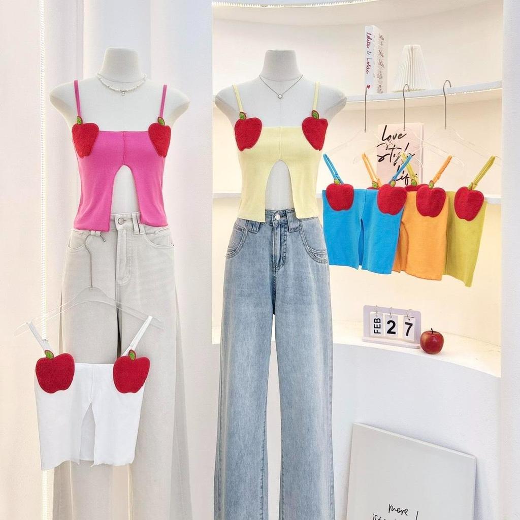 KN.Clothes เสื้อสายเดี่ยว แอปเปิ้ลหน้าอก เว้าด้านหน้า เนื้อผ้าร่องยืด สายปรับได้ G-Rose