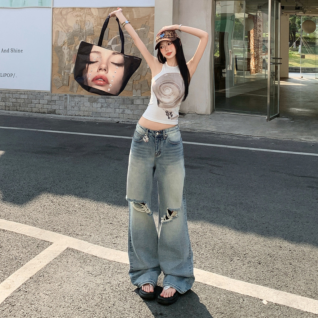 26th ootd|2026 Spring Ripped Brushed Washed Color Brushed White Straight Lazy Jeans Casual