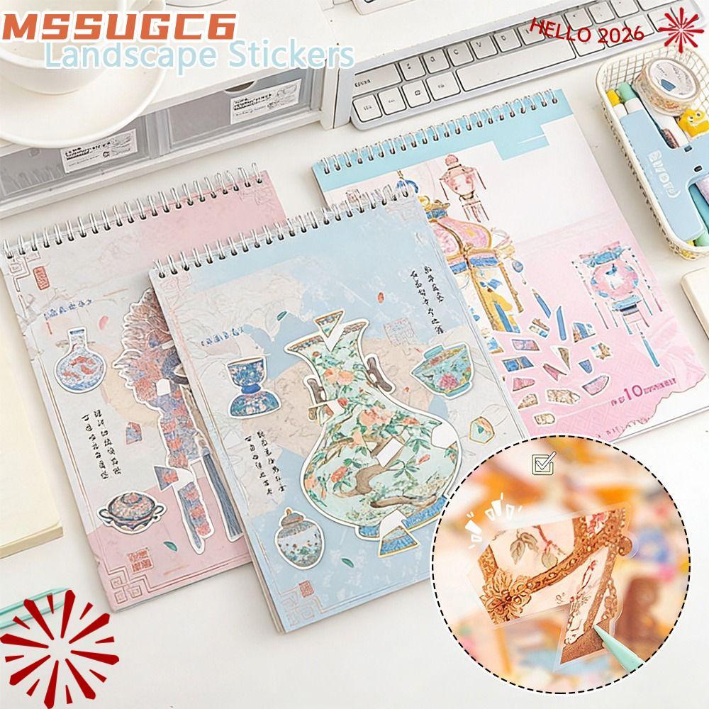 IMSSUG สติ๊กเกอร์ภูมิทัศน์ฟื้นฟูมรดกทางวัฒนธรรมที่จับต้องไม่ได้ เครื่องลายครามสีฟ้าโบราณ อัญมณีกระเป๋า DIY สมบัติโบราณ โคมไฟพอร์ซเลนสีขาว ฉากห้องโดยสาร