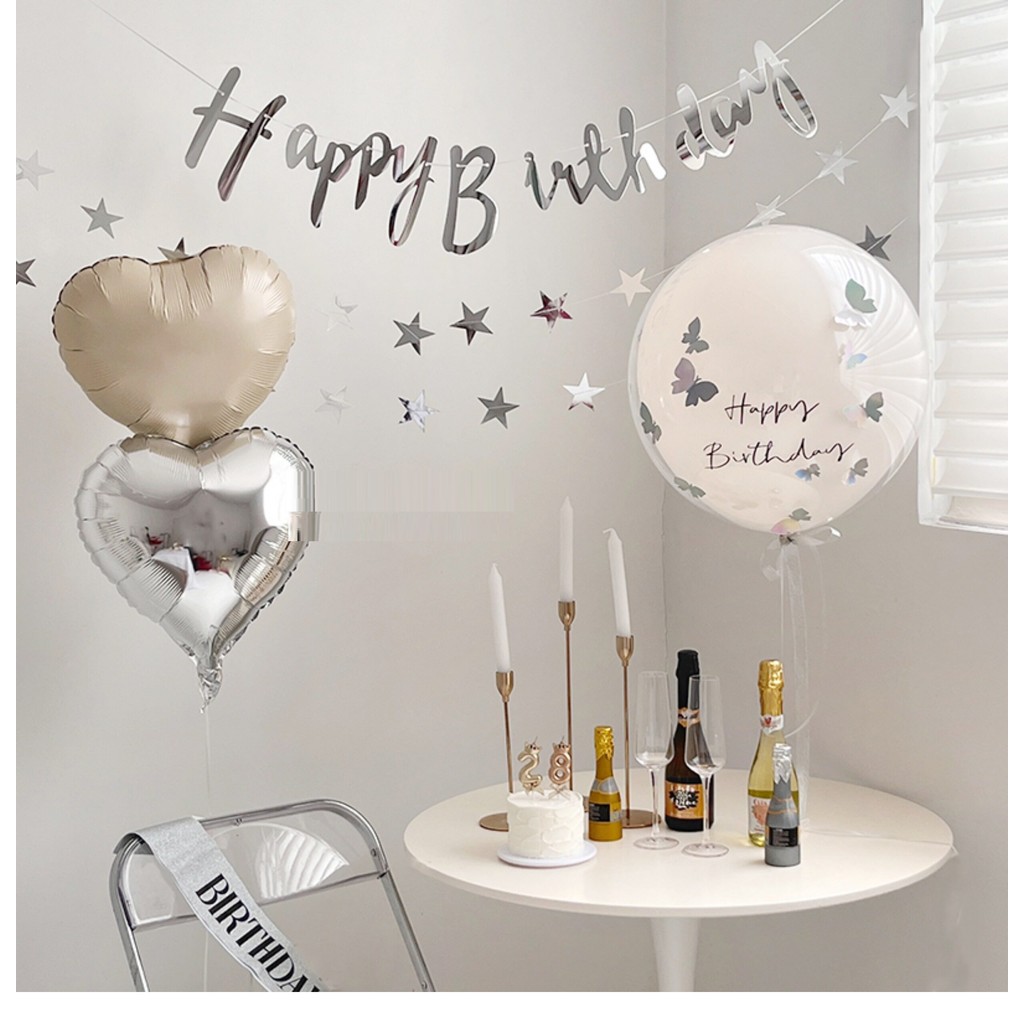 INS สีขาวเงินแบนเนอร์สุขสันต์วันเกิดผีเสื้อ Pearl White Party Decor สําหรับผู้หญิงผู้ชายเด็ก 1st 2 3 4 5 6 18 21 ปีตกแต่ง