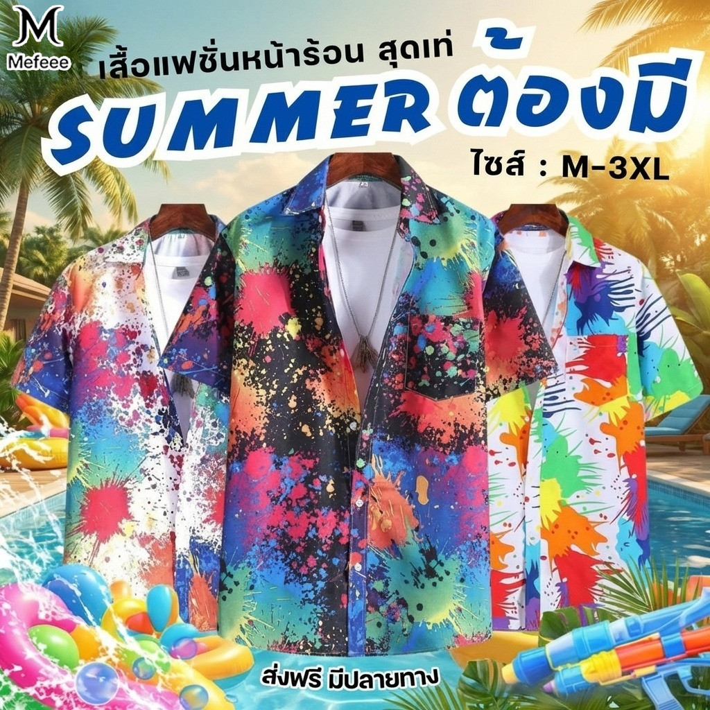 MEFEEE เสื้อฮาวายกางเกงขาสั้นเซ็ต 4 แบบ ผ้าแห้งเร็ว เหมาะสำหรับสงกรานต์ ทุกเพศวัย
