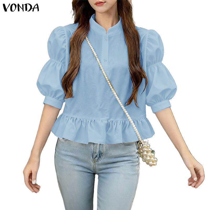 VONDA บลูซ่าสไตล์เกาหลี หวานๆ สำหรับฤดูร้อน แขนเปิดได้ กระดุมครึ่งตัว ขอบระบาย และทรง A-line