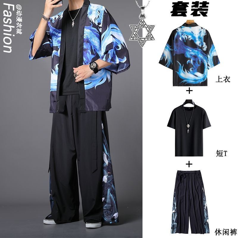 ★ชุดสูทสไตล์จีนขายดีผู้ชาย2025 เสื้อสเวตเตอร์ถัก Hanfu เสื้อแจ็คเก็ตแขนสามส่วนผู้ชายกางเกงขายาวชุดเส