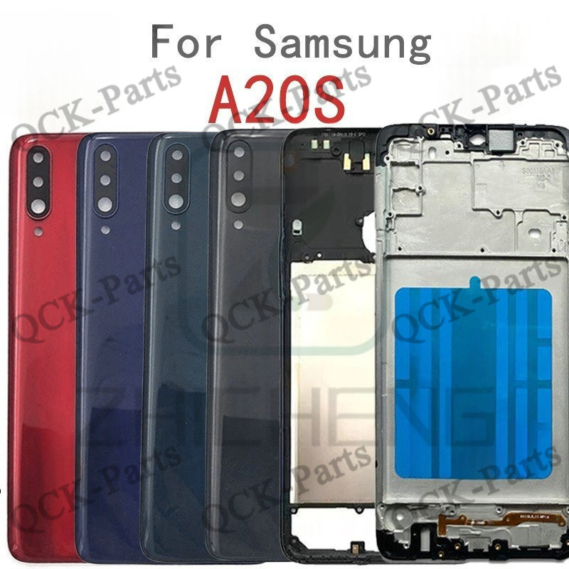 สําหรับ Samsung Galaxy A20S A207 แบตเตอรี่ฝาหลังกรอบกลาง + ปุ่ม + กรอบด้านหน้า LCD + เลนส์กล้อง