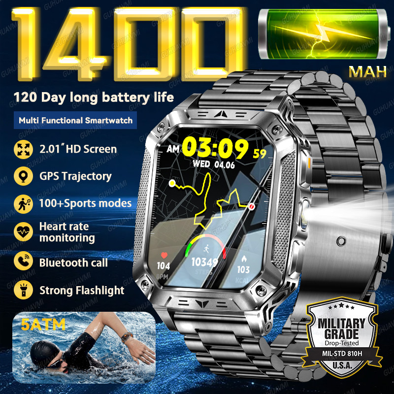 2026 ใหม่ 1400mAh แบตเตอรี่กีฬากลางแจ้งผู้ชาย SmartWatch 5ATM ไฟฉายกันน้ําบลูทูธโทรสุขภาพ Monitor ทหาร Smartwatchs