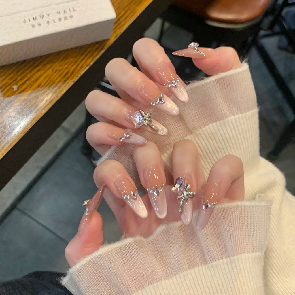 30PCS Rich heiress ส่องแสง high-end สีชมพูสีม่วง French cat eye สวมใส่เล็บผงเพชรเจ้าหญิงเล็บชิ้น-MJ-