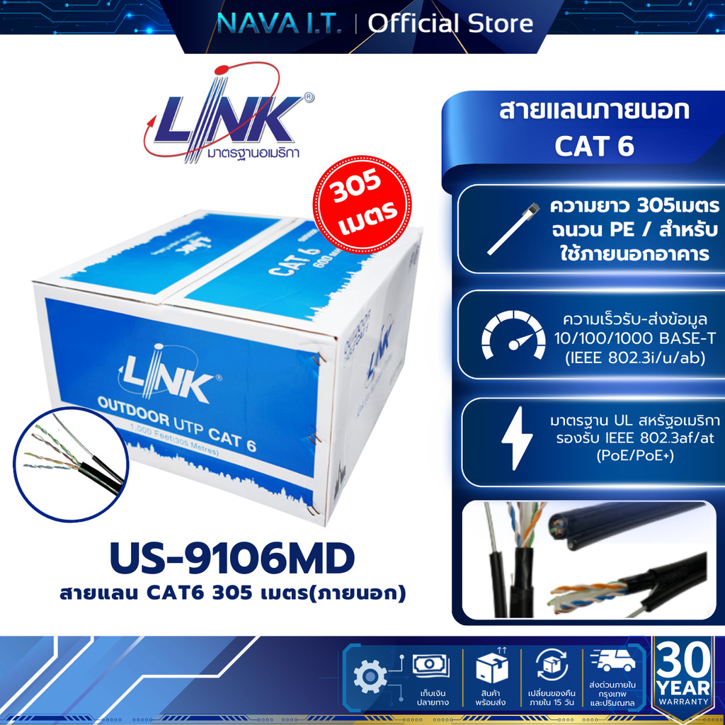 LINK US-9106MD สายแลนภายนอก มีลวดสลิง CAT6 UTP Cable สีดำ 305 เมตร