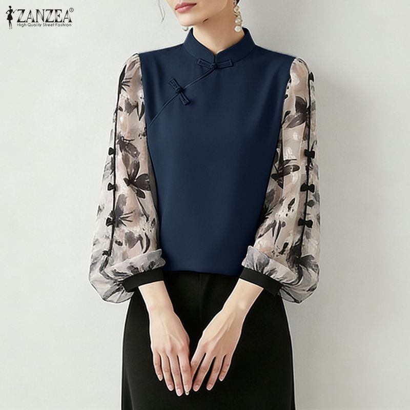 ZANZEA ผู้หญิงเกาหลีปกแขนยาวดอกไม้ Patchwork Bowtie เสื้อ — صورة 5