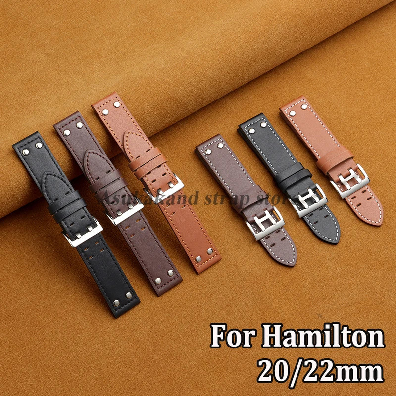 20 มม.22 มม.สายนาฬิกาหนังแท้สําหรับ Hamilton KHAKI AVIATION FIELD Watchstrap Breathable ผู้ชายเปลี่ย