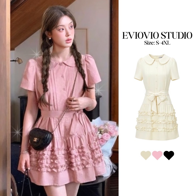 เติมของแล้ว😍【EVIOVIO】S-5XL🐰เดรสคอบัว แขนสั้น เชือกผูกเอวเข้ารูป กระโปรงระบาย 3 ชั้น เดรสสาวอวบ ชุดสาวพลัสไซส์ พร้อมส่ง❣️