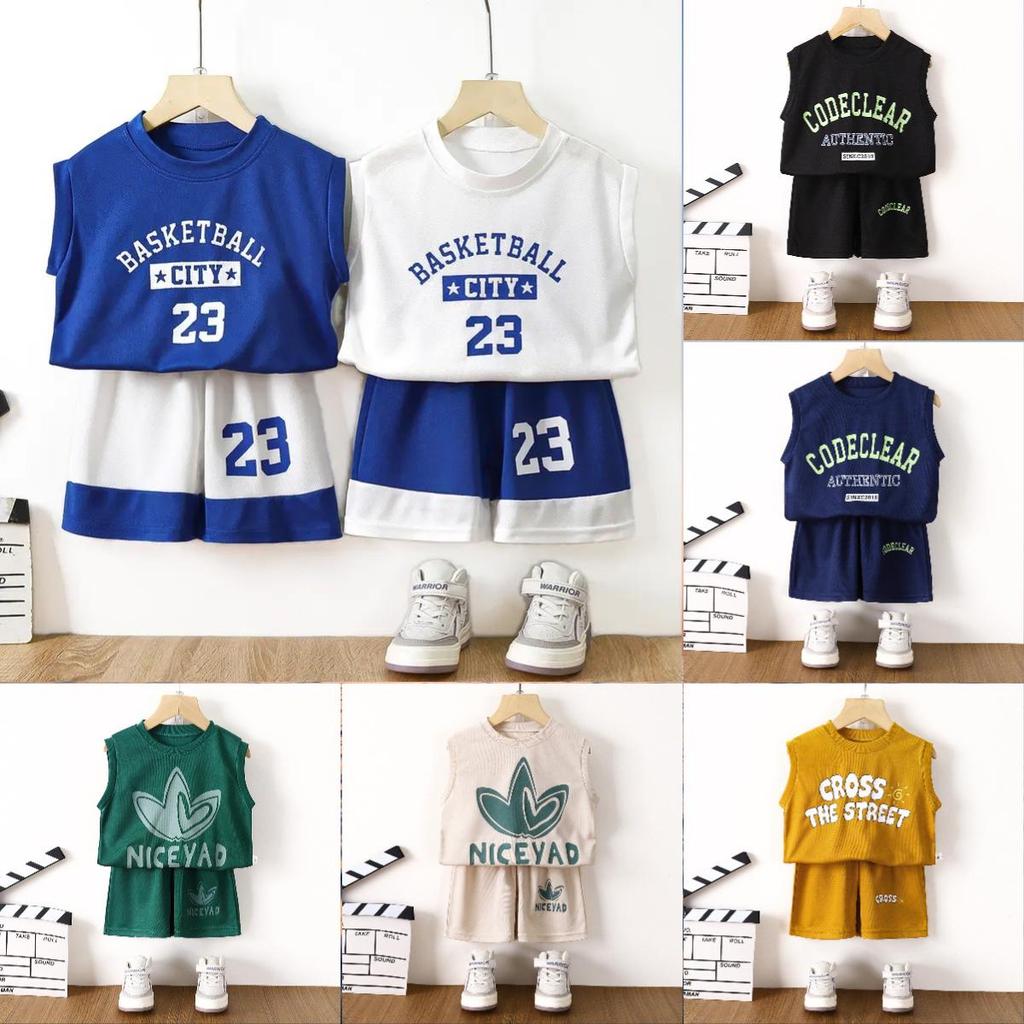 CC Stores 【Kid's Kingdom66】ชุดบาสเก็ตบอลฤดูร้อนใหม่ สำหรับเด็กผู้ชาย ชุดกีฬาสำหรับเด็กเสือ+กางเกง ไซ