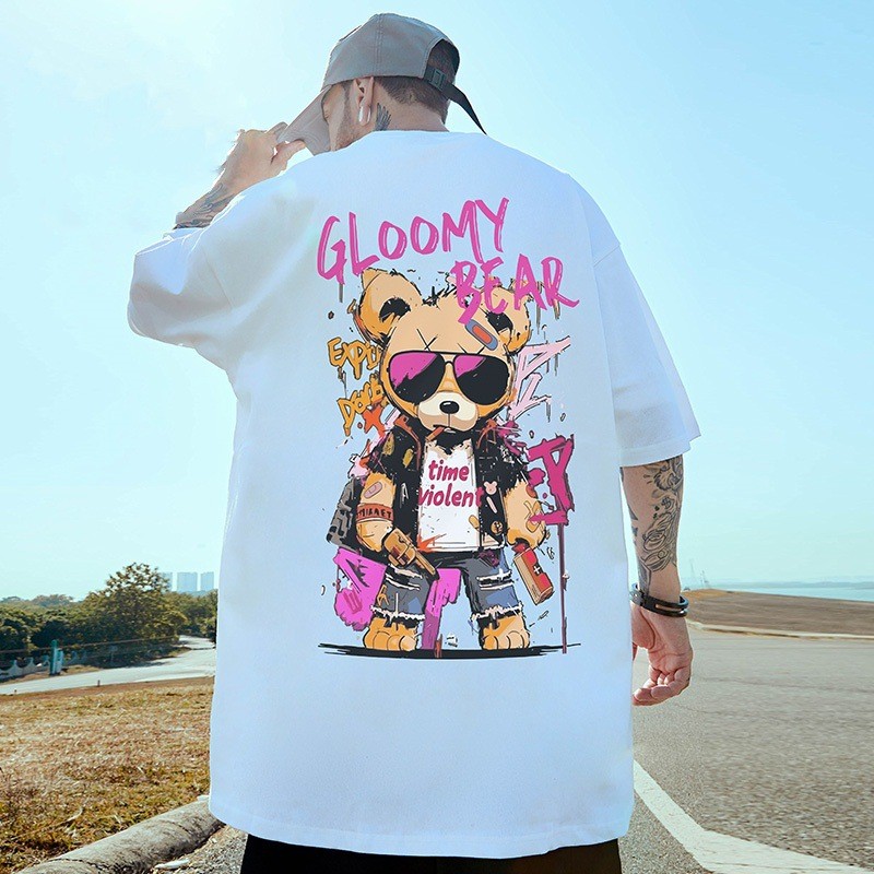นักเรียนฤดูร้อนเสื้อยืดยี่ห้อTสไตล์2025 หมีพิมพ์อินเทรนด์อเมริกันRuffianผู้ชายครึ่งแขนแขนสั้นเสื้อฮ่