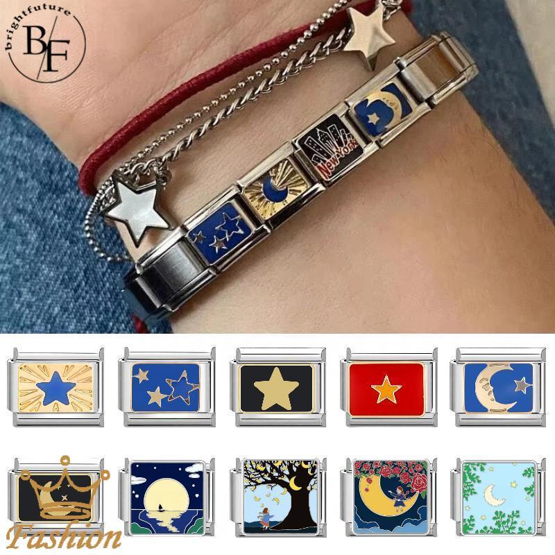 Moon Star สร้อยข้อมือ Charm สแตนเลส ขนาด 9 มม., DIY เรโทร สำหรับตกแต่งและเพิ่มบุคลิกภาพ